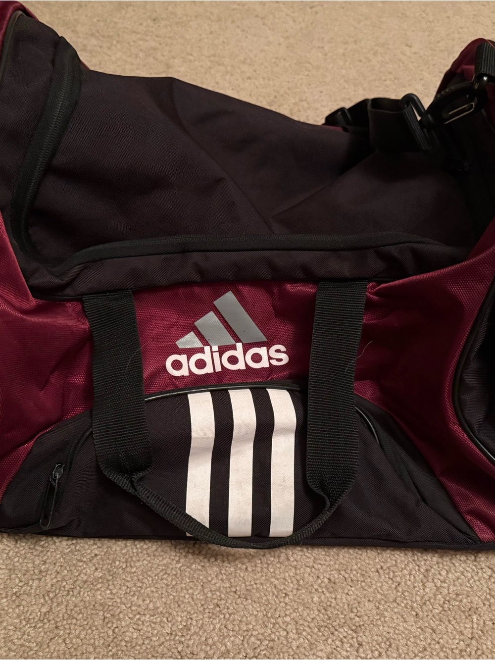 adidas Maroon and Black Sports Duffel with White Accents